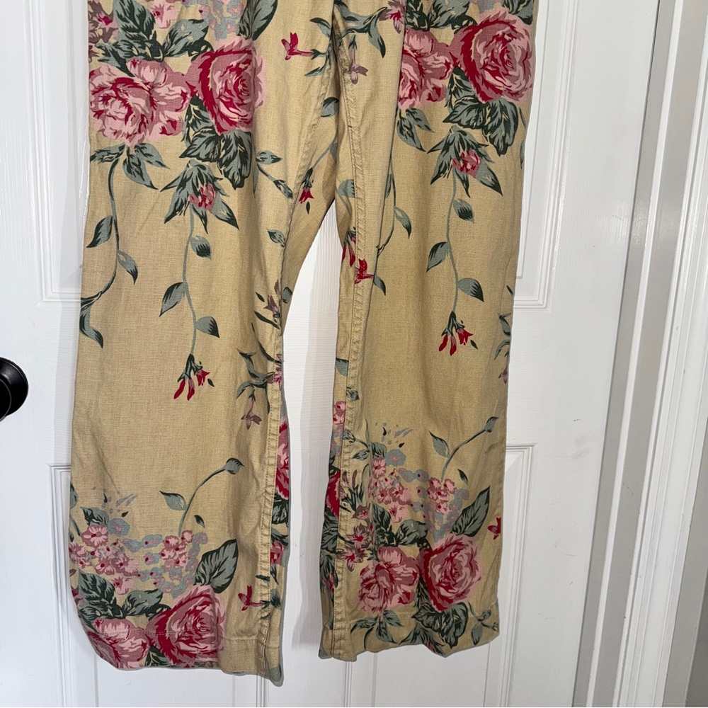Hunt Club Cream Beige and Pink Floral Cotton Linen Wide Leg Pants size 16 - Picture 6 of 11